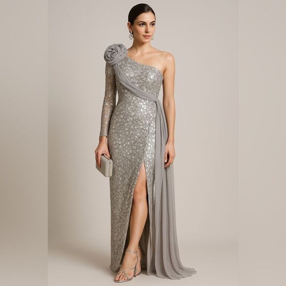 Dresses & Skirts - Elegant 80’s Style Silver Sequin One Shoulder Evening Gown Chiffon & Rose M